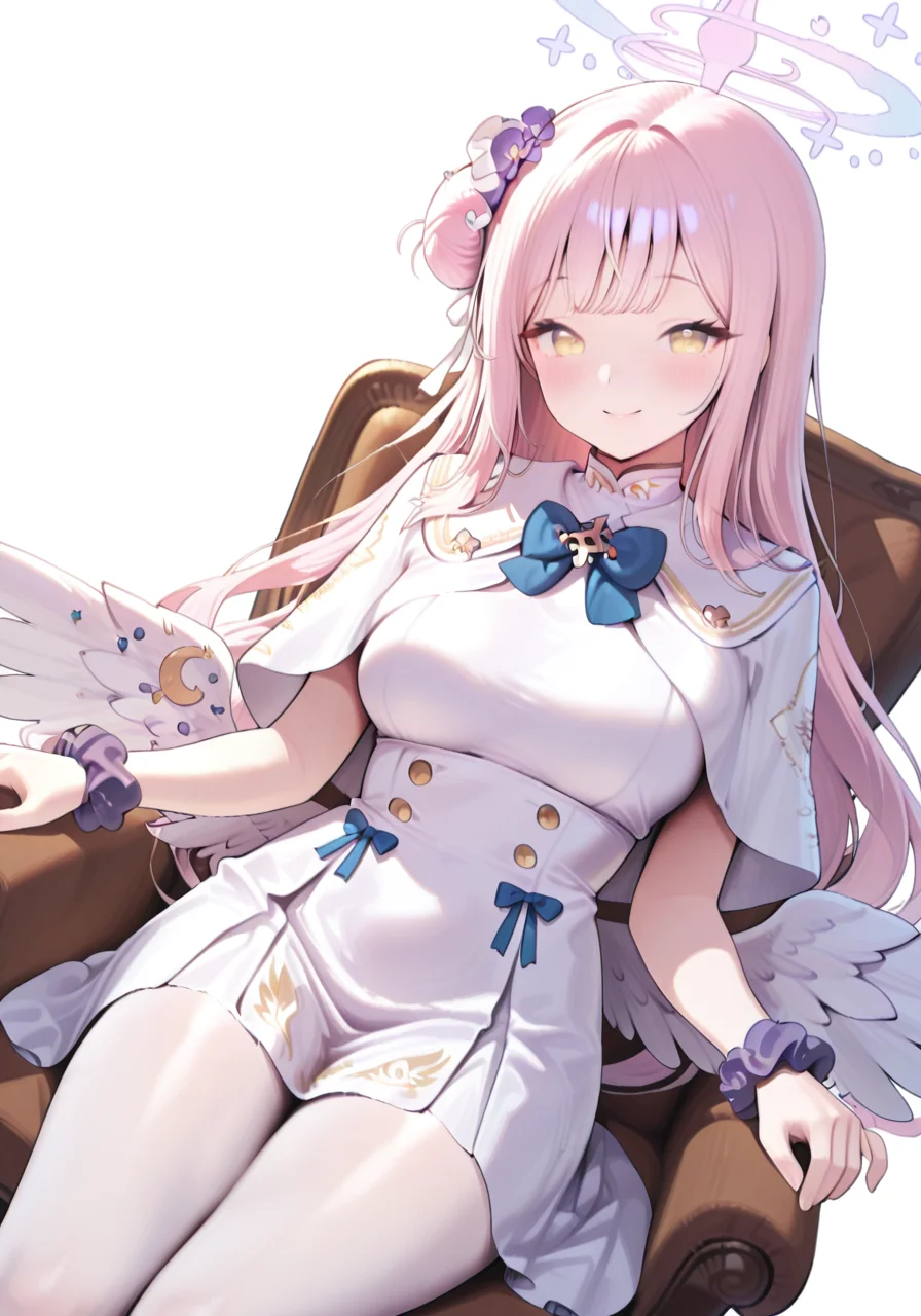 1girl, angel wings, armchair, blue bow, blue bowtie, blush, bow, bowtie, breasts, capelet, chair, crescent, dress, feathered wings, flower, hair bun, hair flower, hair ornament, hair ribbon, halo, long hair, looking at viewer, low wings, pantyhose, pink hair, pink halo, purple flower, purple scrunchie, ribbon, scrunchie, simple background, single side bun, sitting, smile, solo, underbust, white background, white capelet, white dress, white pantyhose, white ribbon, white wings, wings, wrist scrunchie, yellow eyes, BREAK character_concept, cowboy_shot, (dutch_angle:1.25), masterpiece, best quality, amazing quality, very aesthetic, absurdres, modern, recent, newest, <lora:HeroHero_IL_Style_epoch_10:1> H3r0H3r0