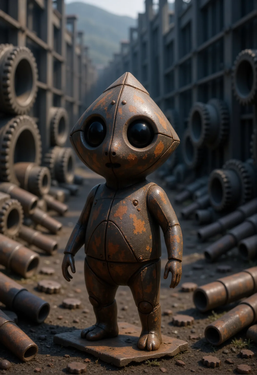A tiny Kodama forest spirit stands amid a sprawling junkyard filled with towering heaps of rusted metal scraps. Its body is crafted from worn, rusty iron plates with rough textures and patches of flaking orange-brown corrosion. The Kodamaâs triangular head is made of overlapping rusty panels, with glowing dark eyes set deep beneath a slightly bent metal brow. Its small hands rest lightly on a jagged piece of scrap it stands beside. Around it, enormous twisted beams, giant discarded gears, and massive corroded pipes rise like a ruined cityscape, highlighting the Kodamaâs delicate, miniature presence in this vast wasteland of metal decay. <lora:Kodama_V1:1>