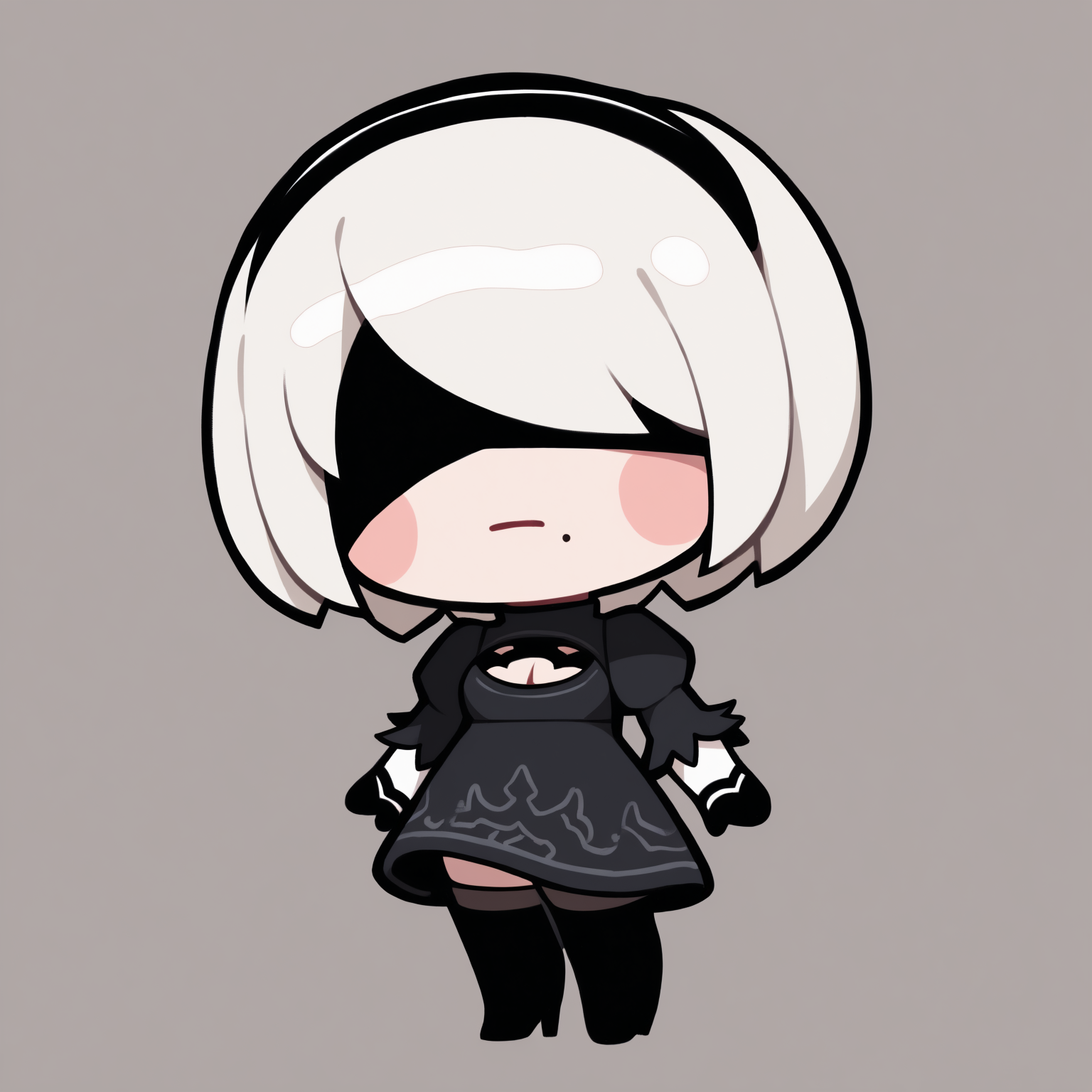 masterpiece, best quality, newest, chibi, full body, blush stickers, solo, 1girl, no2tb, mole under mouth, expressionless, standing, short hair, white hair, black hairband, covered eyes, black blindfold, short dress, black dress, cleavage cutout, juliet sleeves, feather-trimmed sleeves, black gloves, black thighhighs, thighhighs under boots, black footwear, thigh boots, high heel boots, simple background
<segment:yolo-Anzhc Face seg 640 v3 y11n.pt,0.4,0.6//cid=11>