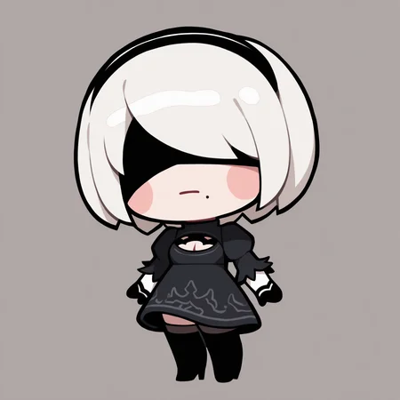 masterpiece, best quality, newest, chibi, full body, blush stickers, solo, 1girl, no2tb, mole under mouth, expressionless, standing, short hair, white hair, black hairband, covered eyes, black blindfold, short dress, black dress, cleavage cutout, juliet sleeves, feather-trimmed sleeves, black gloves, black thighhighs, thighhighs under boots, black footwear, thigh boots, high heel boots, simple background
<segment:yolo-Anzhc Face seg 640 v3 y11n.pt,0.4,0.6//cid=11>