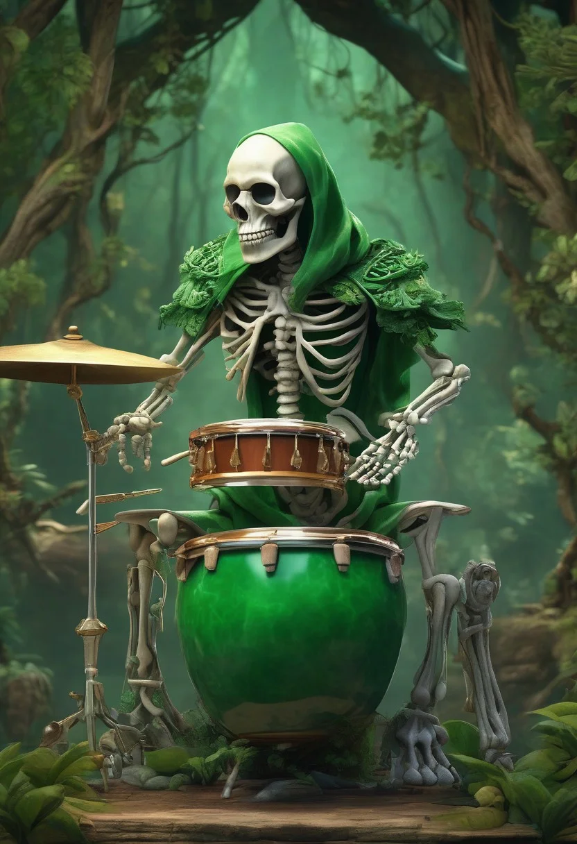 High quality, detailed, jade skeleton playing the drums, enchanted forest background, detailed background, object focus, cinematic lighting, jade