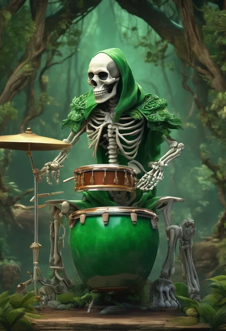 High quality, detailed, jade skeleton playing the drums, enchanted forest background, detailed background, object focus, cinematic lighting, jade