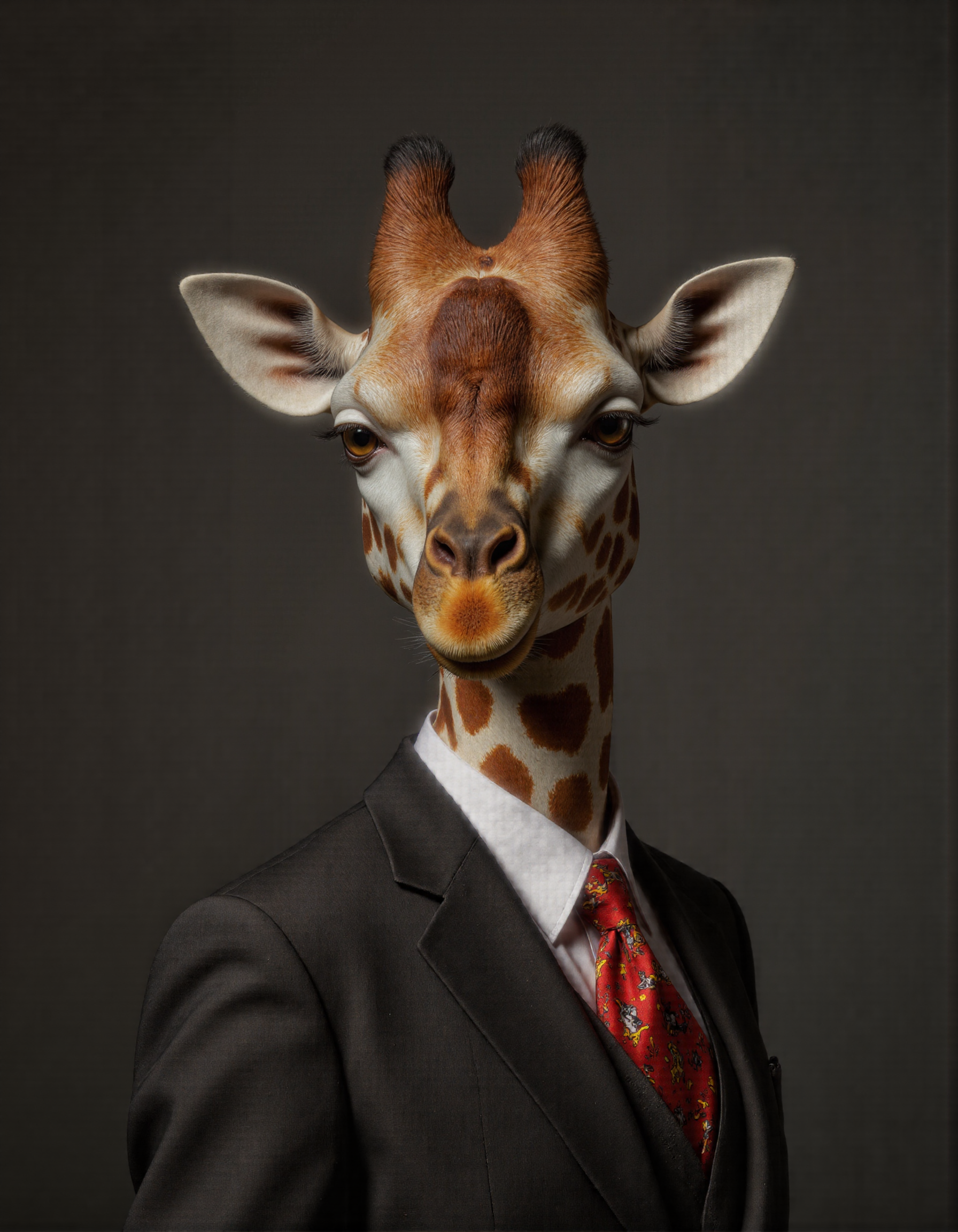 Frida Kahlo style full body shot of <lora:antr:1>, Rembrandt style, This is an ultra-realistic, highly detailed portrait of a giraffe rendered with meticulous attention to texture, lighting, and whimsical contrast. The giraffe stands confidently against a smooth gradient grey background that transitions from a deep charcoal at the bottom to a soft silvery hue near the top, creating a neutral yet dynamic setting that highlights every intricate detail of the subject. The giraffeâs body is tall and elegant, covered in a patchwork of irregular, golden-brown spots that vary subtly in tone and texture. Each spot has a velvety sheen under the soft, diffused lighting, with faint ridges and fine hairs visible along their edges where light catches the coarse surface of its coat. Beneath the patterned skin lies a sense of underlying musculature, emphasized by subtle shadows that trace the contours of its neck, legs, and torso. The skin around its joints and underbelly is smoother and lighter in color, with delicate folds that add a tactile realism to its form. Its face features sharp, lifelike details: large, expressive eyes are framed by long, dark lashes and adorned with intricate patterns unique to each individual giraffe. The eyes shimmer faintly, reflecting hints of amber and hazel that give them a warm, intelligent gaze. Tiny wrinkles radiate outward from the corners of its eyes and mouth, adding depth and character to its expression. Its nostrils flare slightly, capturing the essence of calm alertness, while its lipsâsoft and flexibleâare curled into a gentle, curious smile. The giraffe dons a tailored charcoal-grey business suit that fits snugly over its slender frame, blending professionalism with a touch of surreal humor. The suit jacket is impeccably cut, with sharp lapels and subtle shoulder padding that accentuates its poised demeanor. However, the fabric of the suit is anything but ordinaryâit features a playful pattern of dancing Mickey Mouse figures, rendered in vibrant shades of red, yellow, and black. Each Mickey figure strikes a different pose, mid-twirl or mid-jump, creating a lively, almost animated effect across the otherwise formal attire. Beneath the suit jacket, the giraffe wears a crisp white dress shirt, slightly rumpled as if it's been worn through a busy day. A bright red silk tie completes the ensemble, knotted neatly at its throat, though one end hangs slightly askew, hinting at a carefree attitude despite the polished appearance. The tie is adorned with tiny embroidered Mickey silhouettes, tying the whimsical theme together seamlessly. Lighting plays a crucial role in this piece, with soft, even illumination casting gentle shadows that accentuate the giraffe's three-dimensional form. Subtle highlights run along the ridges of its ossicones (the horn-like structures atop its head), the curve of its ears, and the raised fibers of its fur, while deeper shadows pool within the folds of its skin and the creases of its clothing. This interplay of light and shadow creates a masterfully realistic rendering, drawing the viewerâs eye to the intricate textures and imperfections that define the giraffe's character. Every element of this portraitâfrom the carefully crafted texture of the giraffe's spotted coat to the whimsical dancing Mickeys on its business suitâhas been meticulously designed using advanced CGI techniques combined with photorealistic textures. The result is an unparalleled level of realism that blurs the line between digital art and photography, inviting viewers to linger over the smallest details and marvel at the juxtaposition of sophistication and playfulness in this unconventional yet compelling subject. . Baroque, chiaroscuro, realistic, emotional, "flat lighting. Whole outfit, clear, sharp, balanced . Surrealist, autobiographical, vibrant, symbolic, "Realist