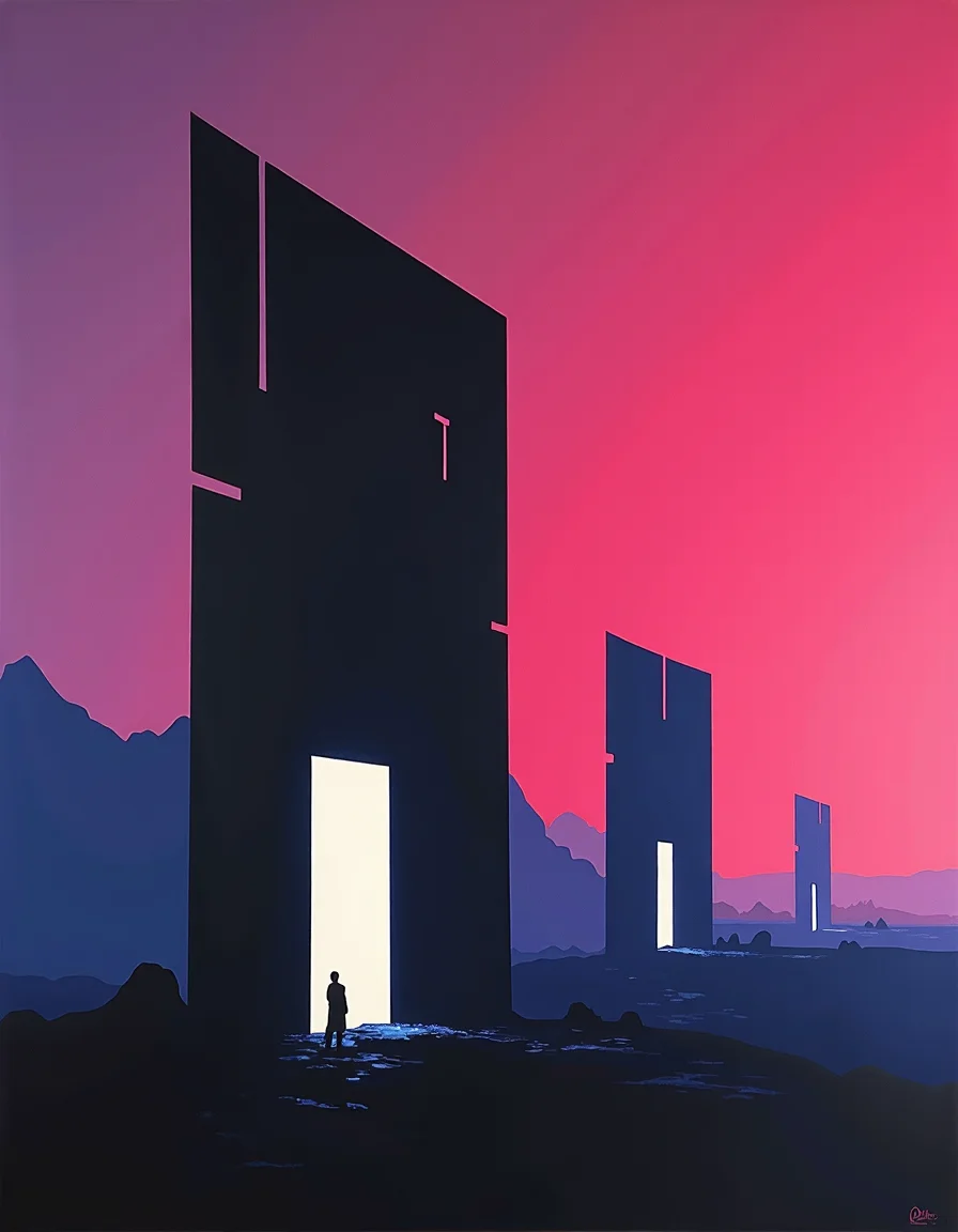 Letterism art by Jud Tylor and Ellsworth Kelly, Silhouette of a Epochal Elemental station Voyeuristic into Fashionable fragments, bright white backlight creating sharp edges on fragments, background gradient from deep purple to bright electric pink suggesting a cosmic Winged Rhynos, station fragments larger in foreground becoming smaller towards background, high contrast with epic atmosphere details visible in the lit edges of fragments, cubism, surrealism, modernism, Ruthless, Minimalist painting, geometric abstraction, exploration of form and color, emphasis on simplicity and purity