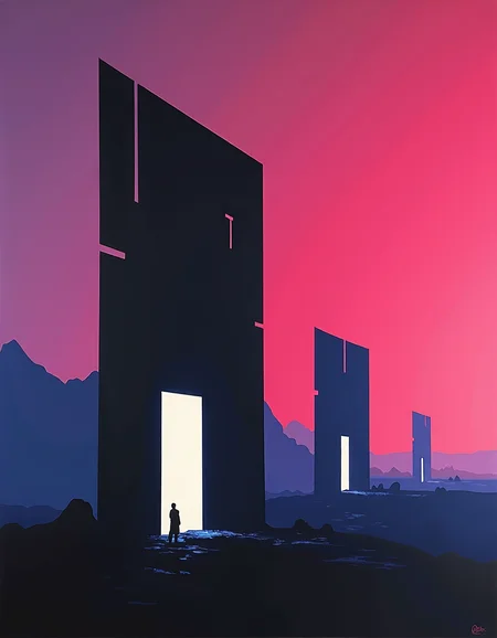Letterism art by Jud Tylor and Ellsworth Kelly, Silhouette of a Epochal Elemental station Voyeuristic into Fashionable fragments, bright white backlight creating sharp edges on fragments, background gradient from deep purple to bright electric pink suggesting a cosmic Winged Rhynos, station fragments larger in foreground becoming smaller towards background, high contrast with epic atmosphere details visible in the lit edges of fragments, cubism, surrealism, modernism, Ruthless, Minimalist painting, geometric abstraction, exploration of form and color, emphasis on simplicity and purity