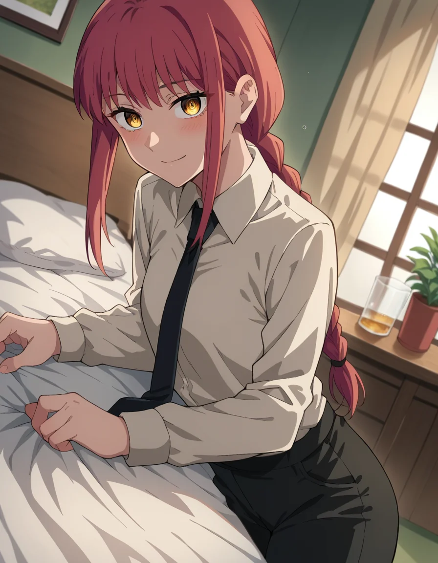 score_9, score_8_up, score_7_up, source_anime,
makima, <lora:chainsaw-man-makima-s1-ponyxl-lora-nochekaiser:1>
makima, long hair, smile, bangs, yellow eyes, braid, red hair, braided ponytail, ringed eyes,
shirt, long sleeves, white shirt, necktie, collared shirt, pants, black pants, formal, suit, black necktie, shirt tucked in, office lady,
indoors, bed, bed room, on side, blush, drunk,
looking at viewer, cowboy shot, dutch angle,