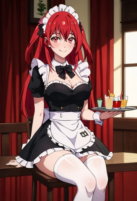 score_9, score_8_up, score_7_up,
masterpiece, best quality, detailed, amazing quality,
detailed face, beautiful color,
detailed background, restaurant scene,
solo, 1girl, amelia_rose, red hair, maid, white thighhighs, smile, blushing, sitting on school chair, writing in notebook, waiter, holding food on tray,