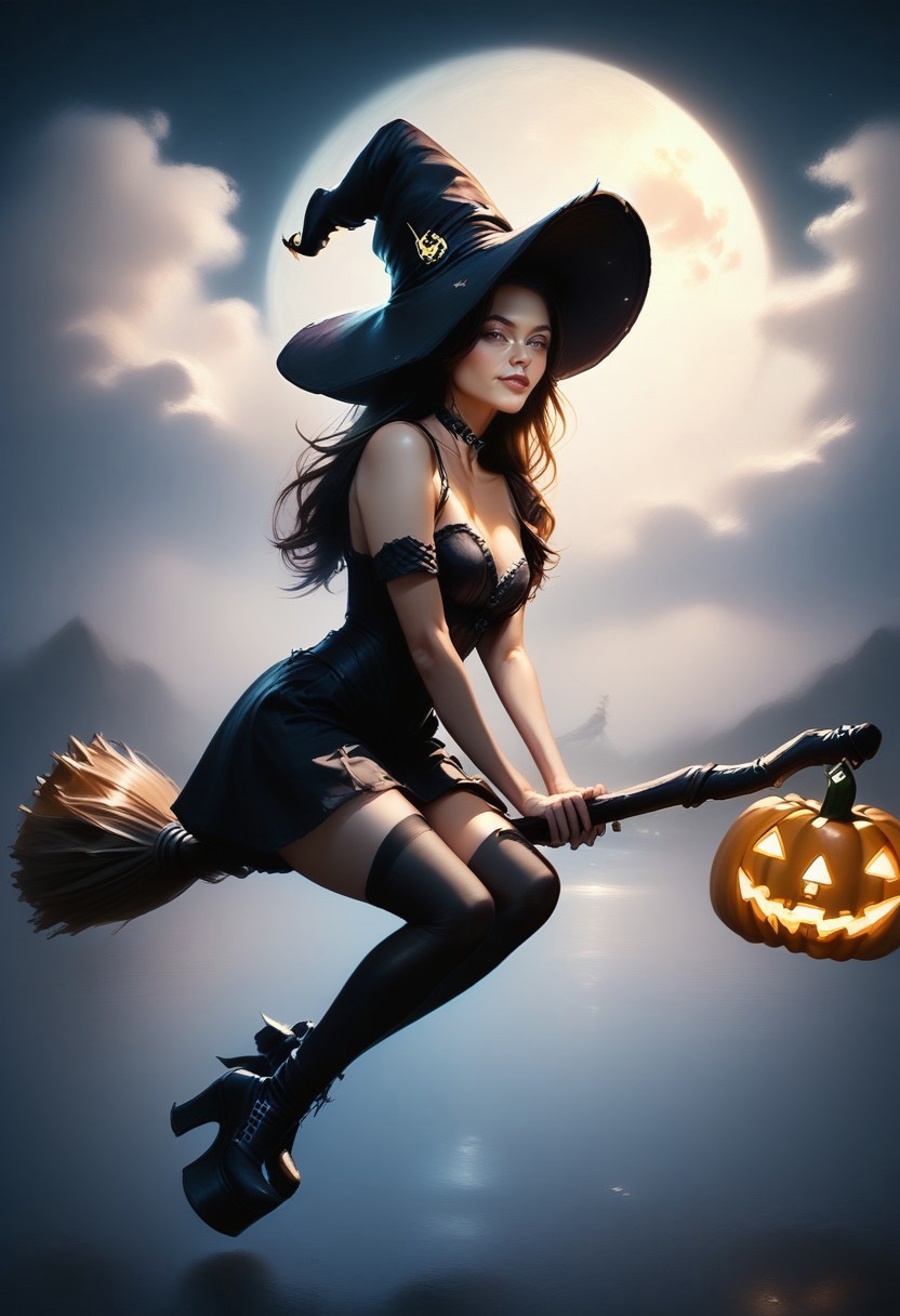safe_pos, score_9, score_8_up, score_7_up, realistic, masterpiece, best quality, absurdres, vibrant, highly detailed, gorgeous, sexy, enchanting, 
BREAK 
SeijV2, high ponytail, open hair, reij-bewitched, black dress, black choker, black platform shoes, black stockings, black hat, pumpkin hatdetail, (happy:0.8), (skin details, detailed eyes, r1dingbroom, broom riding, broom, sidesaddle, looking at viewer
BREAK 
Jed-dtl, (sky high:1.5), (dark:1.2), night, starry sky, (full moon:1.5)