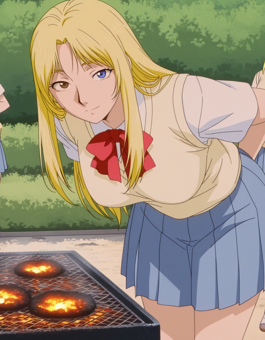 masterpiece, best quality, amazing quality,, <lora:urumi-kanzaki-anime-illustriousxl-lora-nochekaiser:1>, urumi kanzaki, parted bangs, heterochromia, brown eyes, long hair, blue eyes, blonde hair, sidelocks, mature female, breasts, anime screencap, school uniform, sweater vest, yellow sweater vest, shirt, white shirt, collared shirt, short sleeves, skirt, blue skirt, pleated skirt, bowtie, red bowtie,, backyard, barbecue, grilling, laughter, summer evening, , hands behind back, bent over, looking at viewer, solo,, cowboy shot, solo