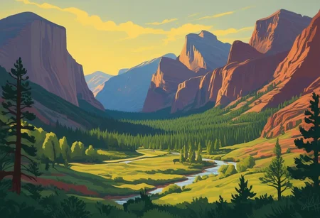 Silkscreen, ((WPA style)), (national parks style), vivid natural colors, limited color palette, painting,