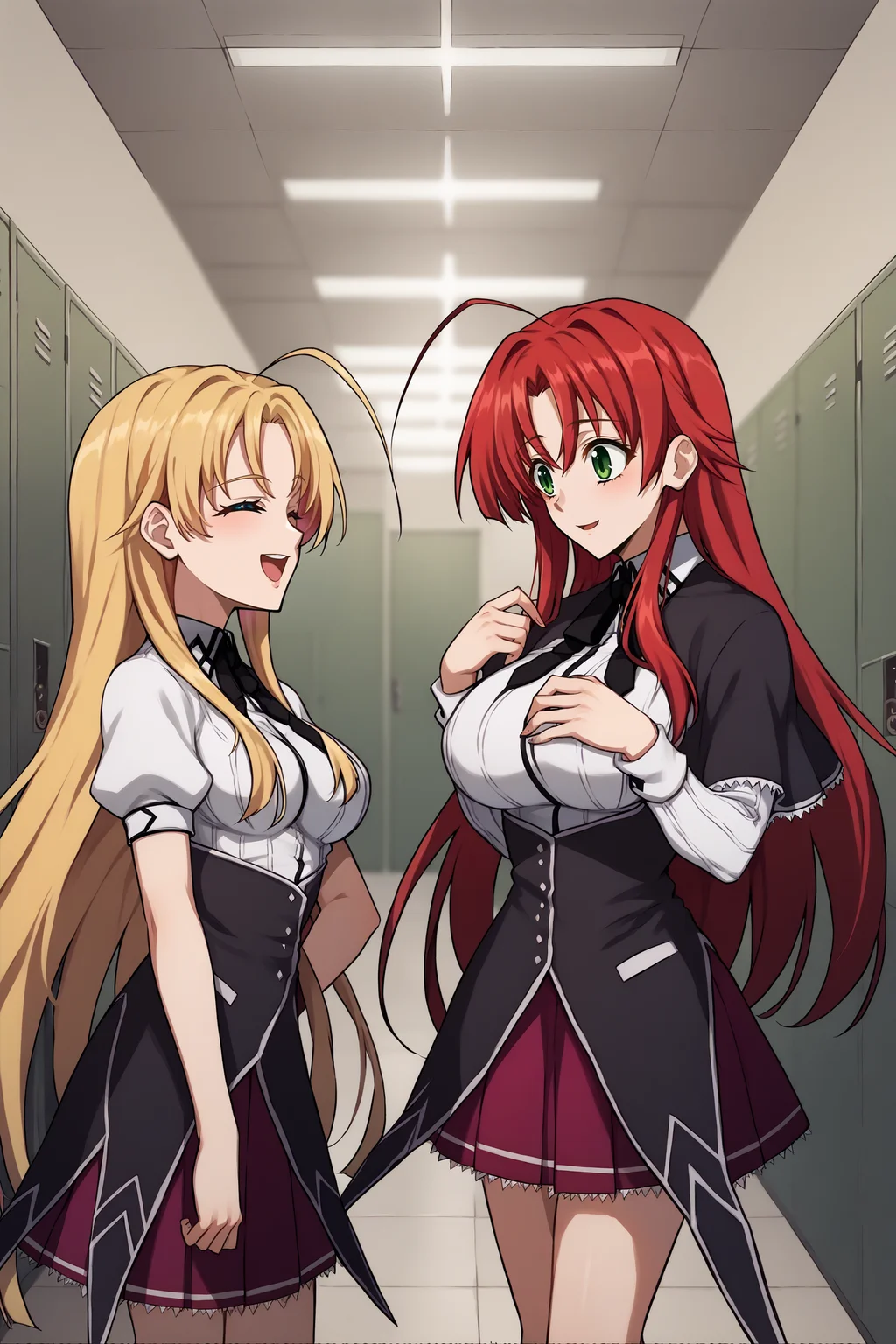 score_9, score_8_up, score_7_up, score_6_up, source_anime, two girls, friends, talking, hallway, lockers, upper body, standing, looking at each other anime coloring, 2girls BREAK 2girls, <lora:asiaargento-pdxl-nvwls-v1-000005:1> dxdaa, blonde hair, very long hair, green eyes, ahoge, white shirt, short sleeves, puffy sleeves, black underbust, neck ribbon, collared shirt, purple skirt, pleated skirt, medium breasts, closed eyes, happy, open mouth BREAK 2girls,   <lora:rias-pdxl-nvwls-v1:1> dxdRG, red hair, ahoge, long hair, big breasts, black capelet, neck ribbon, white shirt, long sleeves, school uniform, purple skirt, smile, big breasts