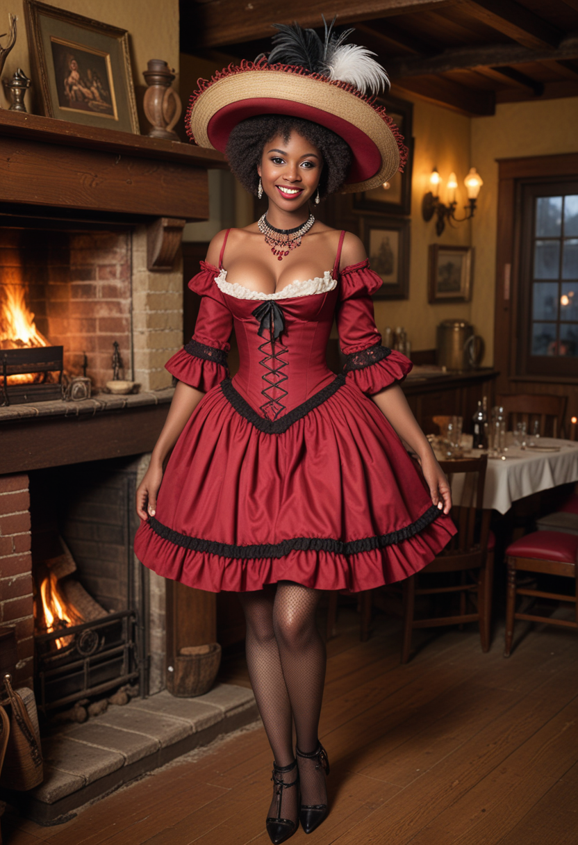 (medium full shot) of (coquettish harlot) young woman, black american, dark skin, light brown eyes, willowy build, short dark afro hair, wearing a crimson empire waist dress, fishnet stockings, high-heeled shoes, pearl necklace, kohl-lined eyes, feathered hat, set in the 18th century, in  bustling inn, wooden beams, roaring fireplace, patrons laughing and talking, scent of ale and food, at night, woman smiling, Masterpiece,best quality, photo, realistic, very aesthetic, detailed face,