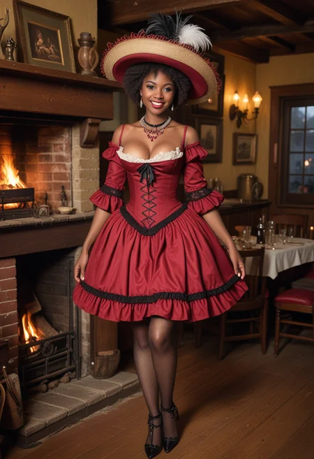 (medium full shot) of (coquettish harlot) young woman, black american, dark skin, light brown eyes, willowy build, short dark afro hair, wearing a crimson empire waist dress, fishnet stockings, high-heeled shoes, pearl necklace, kohl-lined eyes, feathered hat, set in the 18th century, in bustling inn, wooden beams, roaring fireplace, patrons laughing and talking, scent of ale and food, at night, woman smiling, Masterpiece,best quality, photo, realistic, very aesthetic, detailed face,