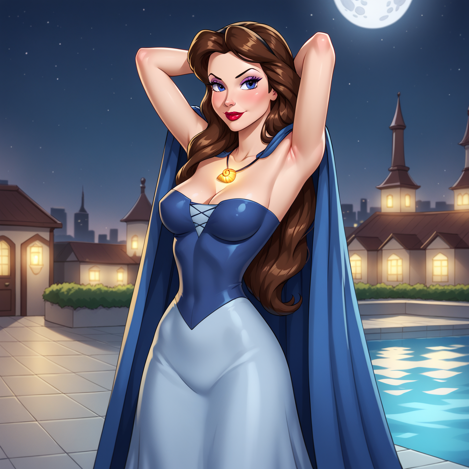 score_9, score_8_up, score_7_up, masterpiece, best quality, absurdres, solo, BREAK
BlueDress_Vanessa_ownwaifu, 
1girl, blue eyes, brown hair, long hair, narrow waist, shell necklace, makeup, lipstick, jewelry, necklace, red lips, medium breasts, pendant, eyeshadow, mature female, 
blue dress, cleavage, bare shoulders, long skirt, long dress, off shoulder, blue cape, cloak, off-shoulder dress, strapless dress,
(contrapposto, arms behind head), neon_lights, cityscape, night, pool, full moon, outdoors, <lora:PONYXL_LittleMermaid_Vanessa_ownwaifu:0.9> , depth of field