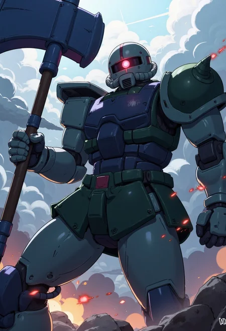 Create a dynamic and detailed illustration of a Zaku II mobile suit in the middle of combat. The MS-07B Gouf,(((mecha blue))) (((axe in hand))), the mobile suit's bright red mono-eye glows brightly when focused on the target, adding a sense of intensity and menace to the scene . The MS-07B Gouf's armor shows signs of battle, with scratches,