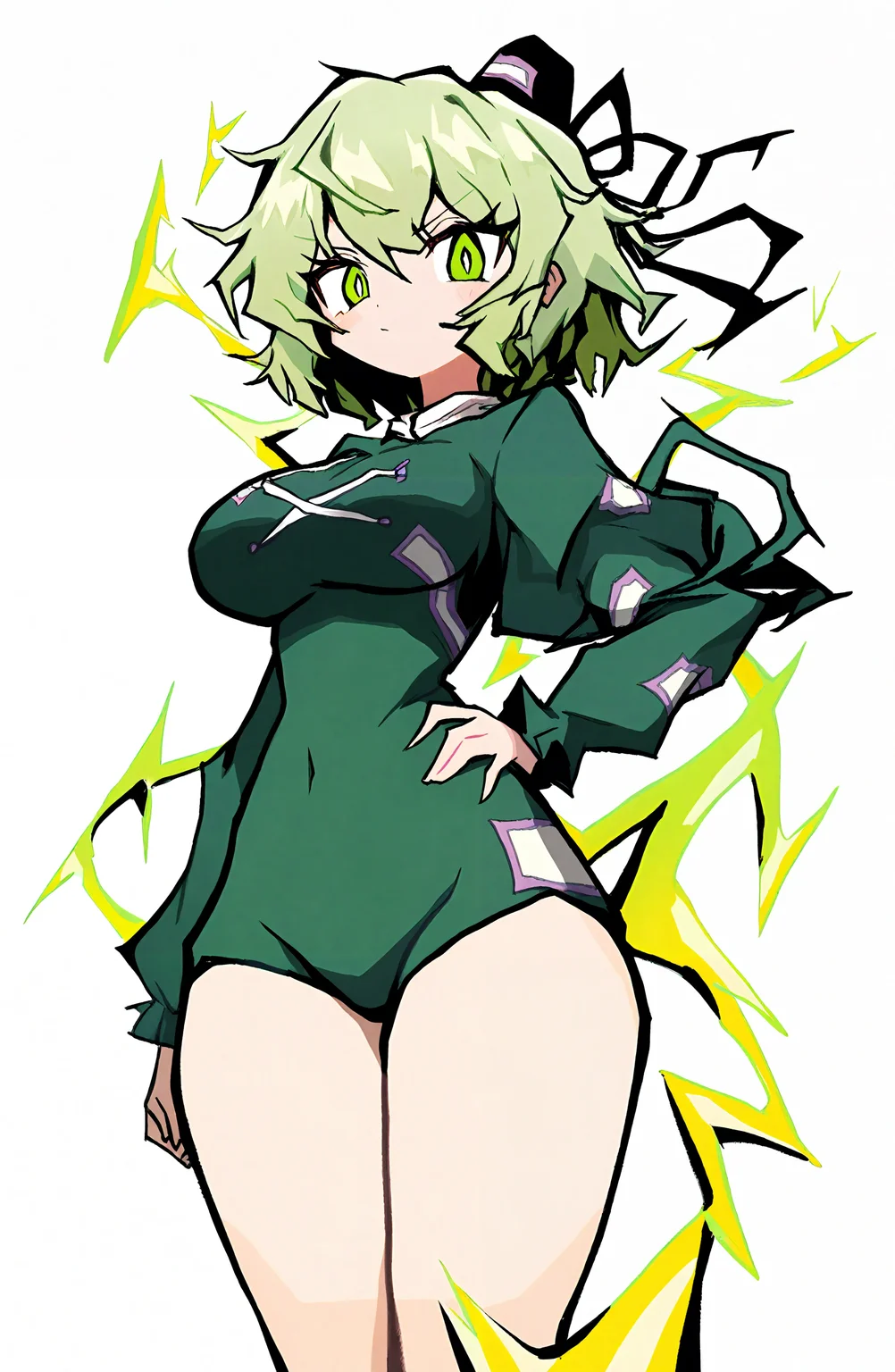 soga_no_tojiko, 1girl, solo, looking_at_viewer, short_hair, simple_background, long_sleeves, white_background, dress, hat, green_eyes, full_body, green_hair, black_headwear, juliet_sleeves, green_dress, ofuda, electricity, tate_eboshi, ghost_tail, ofuda_on_clothes