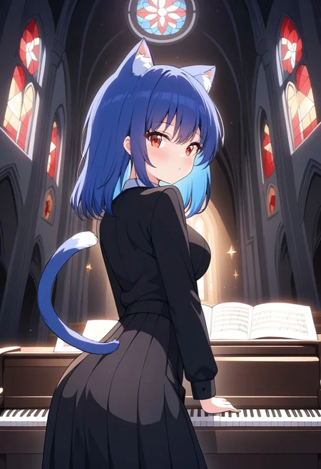 (score_9), (score_8_up), (score_7_up), Zyrnox-Exoterra Style, 1girl, cat girl, cute, masterpiece, source_anime, best quality, perfect anatomy, very aesthetic, absurdres, tail, dark atmosphere, dynamic lighting, church, blue hair, red eyes, piano