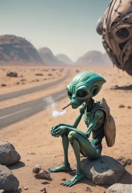 Sad alien smokes a cigarette, sitting on a rock beside highway, An alien ship crashed into the ground, desert,