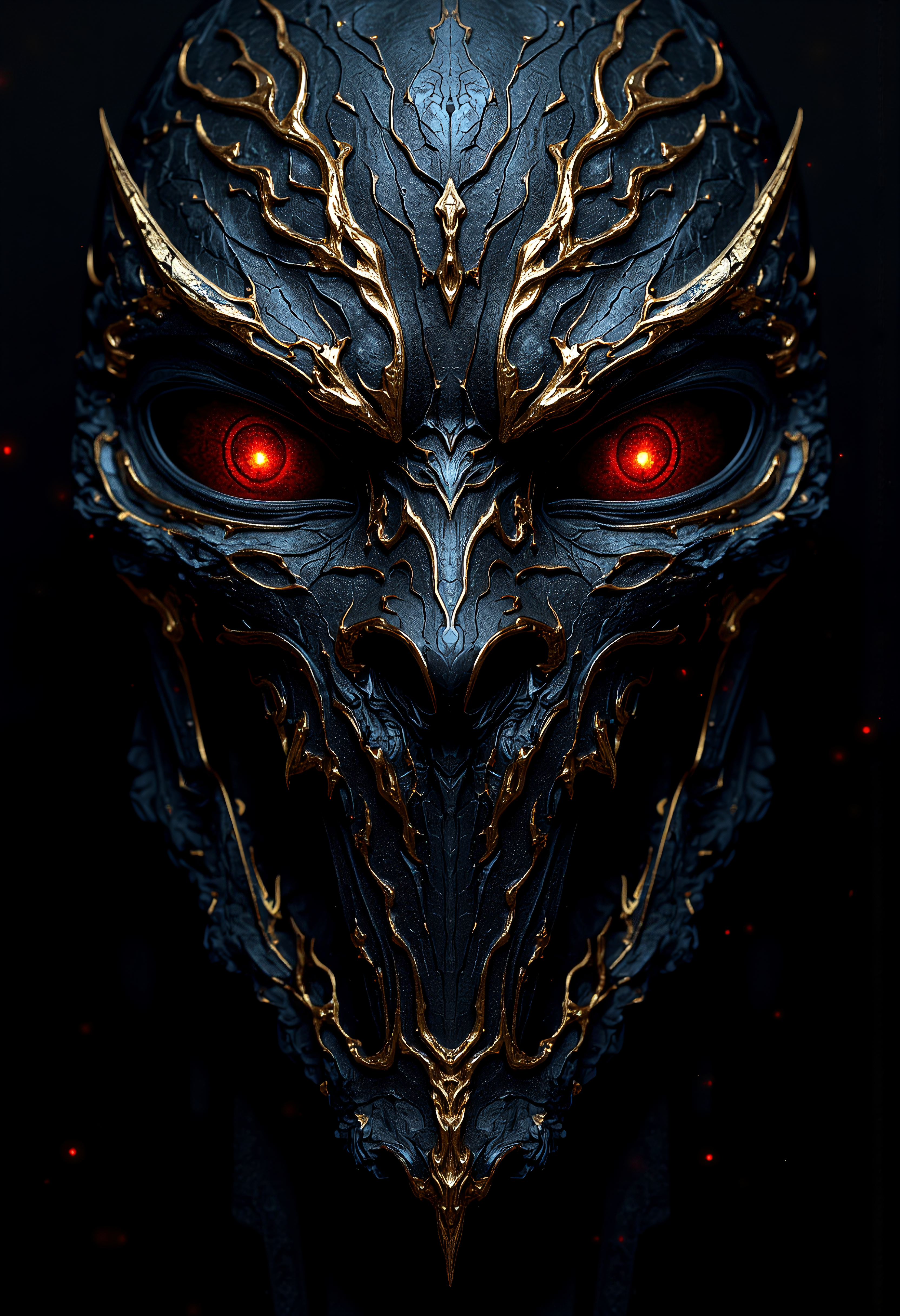 Symmetry ghost, Black with gold trim, hint of red, meta, Fallen, ambiguous mask, Diablo, mysteries, serpentine eyes of the hurricane, blue cracks