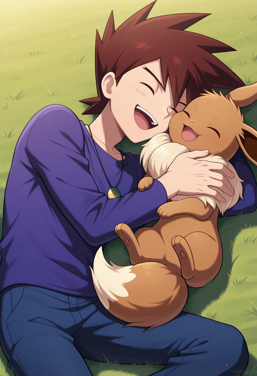 masterpiece,best quality,amazing quality, source_anime, 
gary_kanto, 1boy, male focus, solo, closed eyes, brown hair, spiked hair, shirt, purple shirt, jewelry, necklace, pants, blue pants, happy, laughing, pokemon, eevee, licking another's cheek,
outdoor, lying, on back, grass,