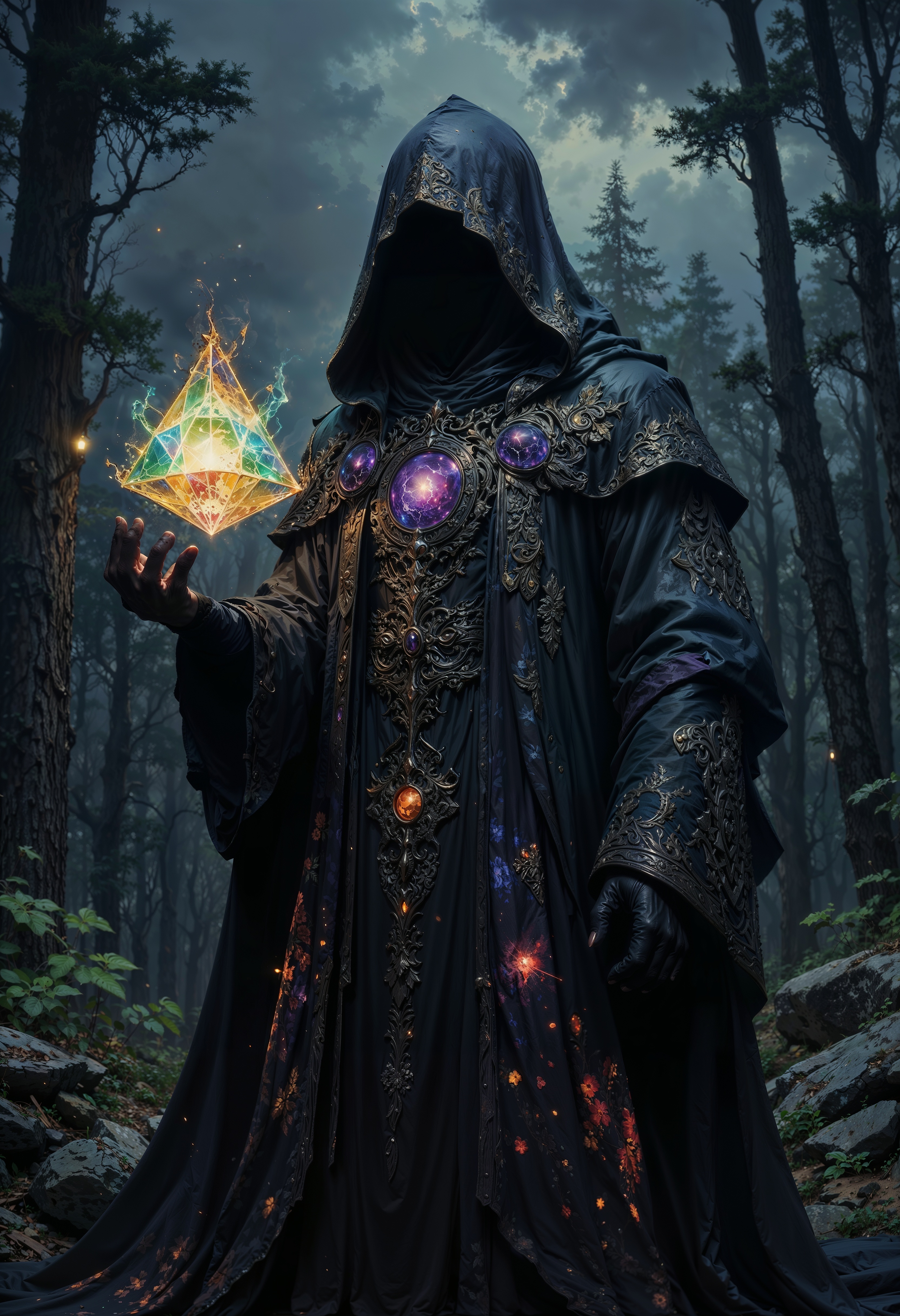 a mysterious, cloaked figure standing in a natural setting with a dark, cloudy sky and dense forest in the background. The figure wears a black, glossy robe with intricate, glowing patterns along the edges. The hood of the robe is large and obscures the face, which is replaced by a swirling galaxy-like void, adding an ethereal and otherworldly effect. The figure's hand is extended, holding a glowing, geometric shape resembling a tetrahedron, surrounded by floating, illuminated symbols. The overall color palette is dark with vibrant highlights, creating a mystical and enigmatic atmosphere.