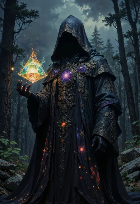 a mysterious, cloaked figure standing in a natural setting with a dark, cloudy sky and dense forest in the background. The figure wears a black, glossy robe with intricate, glowing patterns along the edges. The hood of the robe is large and obscures the face, which is replaced by a swirling galaxy-like void, adding an ethereal and otherworldly effect. The figure's hand is extended, holding a glowing, geometric shape resembling a tetrahedron, surrounded by floating, illuminated symbols. The overall color palette is dark with vibrant highlights, creating a mystical and enigmatic atmosphere.