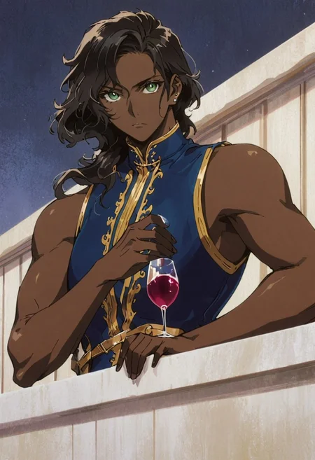 Masterpiece, Best quality, high resolution, very aesthetic, absurdres,source_anime, anime_screencap,Solo, mature_male, sideview,midshot, black hair, long hair, green eyes, closed mouth, dark skin, ebony complexion, stud earrings,doublet fitting jacket, velvet close-fitting sleeveless jacket, drinking_object, wine, holding wine glass, looking at viewer, stoic expression, outdoor, veranda, Victorian Manor, night ,professional, award winning, gouache style, Castlevania style, Ayami Kojima and Sinozick-Style. --niji6