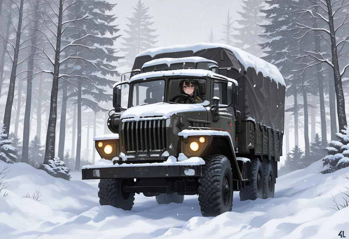 masterpiece, best quality, Graphic Design, color art, vibrant colors, intricate details, high contrast, detailed background, beautiful detailed, beautiful face, detailed eyes, detailed face, new, newest, 1girl, solo, military uniform, driving, ur4l, truck, military vehicle, car, tarpaulin, outdoors, vehicle focus, winter, snow, snowing, headlights, dark, trees,