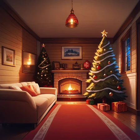 score_9, score_8_up, score_8_up, score_6_up,chrlib, scenery, indoors, living room, night, oven, christmas tree, christmas ornaments, red carpet, orange