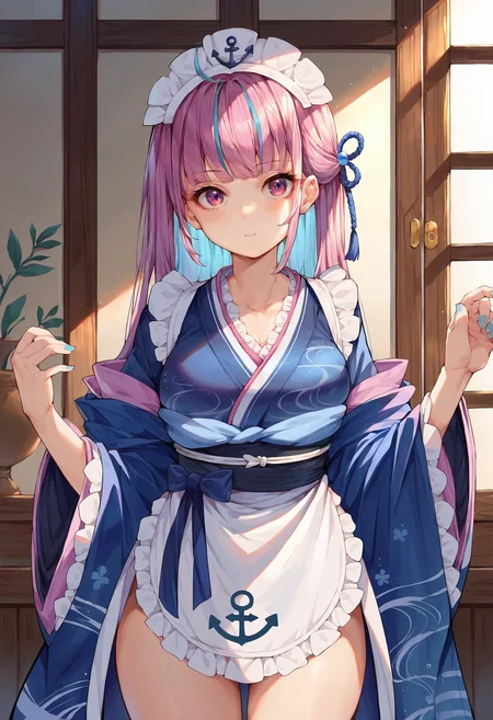 score_9, score_8_up, score_7_up, uncensored, source_anime, 1girl, <lora:spminatoAquaXLPony:0.7> aquany, maid headdress, japanese clothes, blue kimono, wide sleeves, anchor symbol, obi, sash, white apron, frilled apron, wa maid, waist apron, frilled kimono, blue nail polish, blue nails