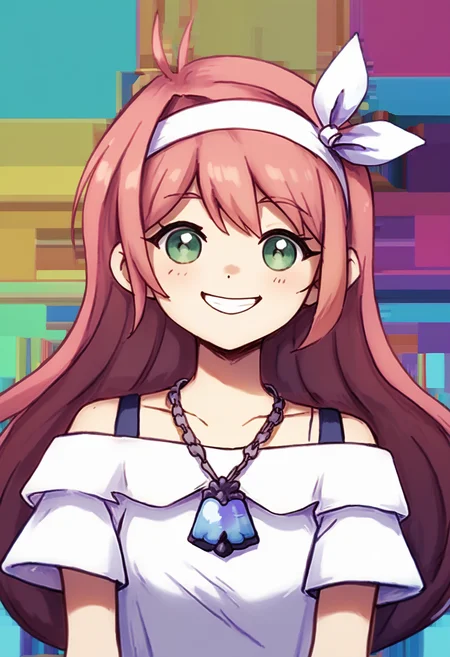 score_9, score_8_up, score_7_up BREAK sketch, 1girl, solo, gi clervie, happy, smile, green eyes, long hair, white dress, necklace, hairband, hair ribbon, colorful background <lora:OmoriXLLoconV2:1> <lora:ClervieXL_V1:0.8>