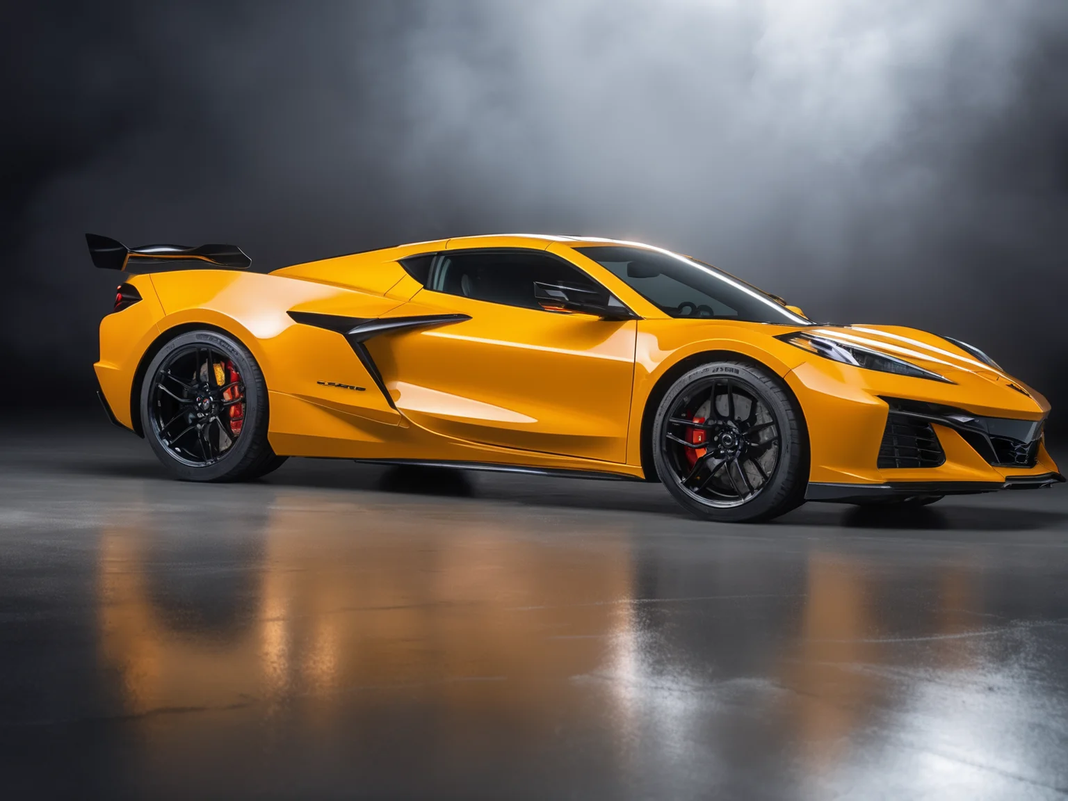 a professional closeup photo of cvttz06 car complete car, studio background, spot lights, rim light, windows casting light, foggy, reflective concrete floor, 8k, uhd, sublime, breathtaking  <lora:cvttz06_car_t12_SDXL-000010:0.7>