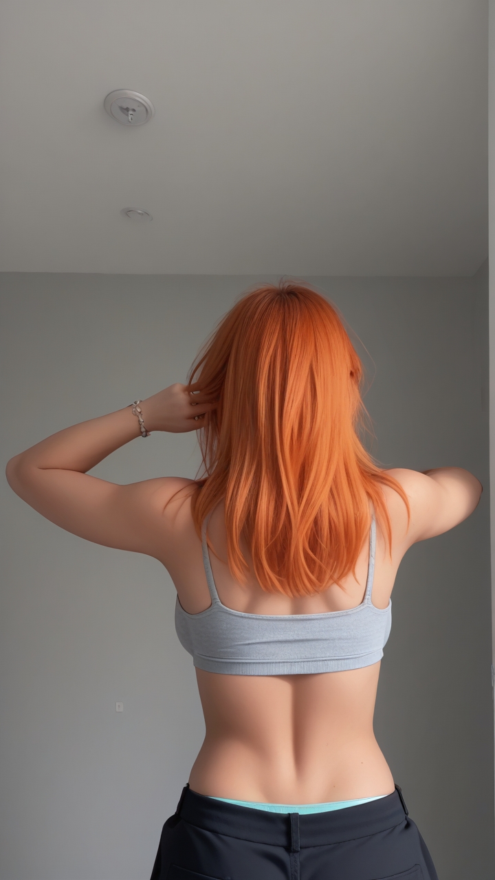5n4pu3, explicit 1girl, midriff, robust orange hair ,from behind <lora:ttokgirls:.85> medium breasts, score_9, score_8_up, score_7_up, BREAK\,rating_explicit,