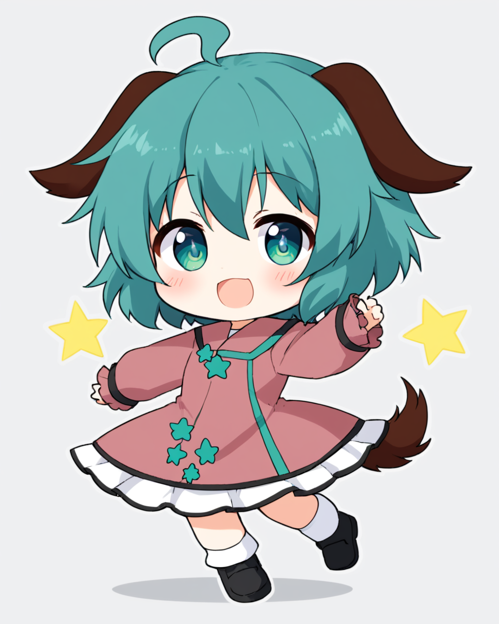 kasodani kyouko,1girl, solo, open_mouth, fang, >_<, dog_tail, white_background, simple_background, full_body, long_sleeves, chibi, black_footwear, ahoge, :d, blush, pink_dress, white_socks, lightning_bolt_symbol, v-shaped_eyebrows, standing, brown_dress
<lora:kasodani_kyouko_image2405_2023-12-20-000008:1>,star-shaped_pupils,symbol-shaped_pupils,. gorgeous,key visual, vibrant, studio anime,award-winning, professional, highly detailed,high budget, cinemascope