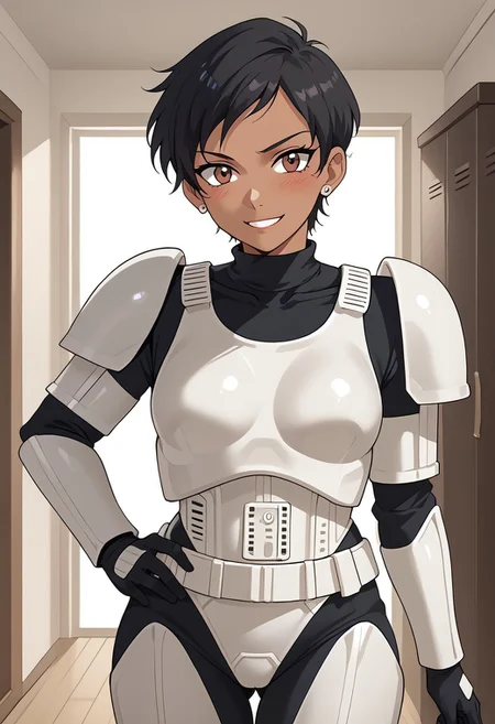 score_9,score_8_up,score_7_up, BREAK ,LoisSDXL,1girl, solo, short hair,black hair,brown eyes,jewelry,earrings,dark skin,dark-skinned female, BREAK,stormtrooper, armor, white armor, bodysuit under clothes, black gloves, belt, covered collarbone, covered neck, BREAK,cowboy shot, hand on hips, standing, looking at viewer, blush, smile, BREAK, indoors, room, closet, Expressiveh