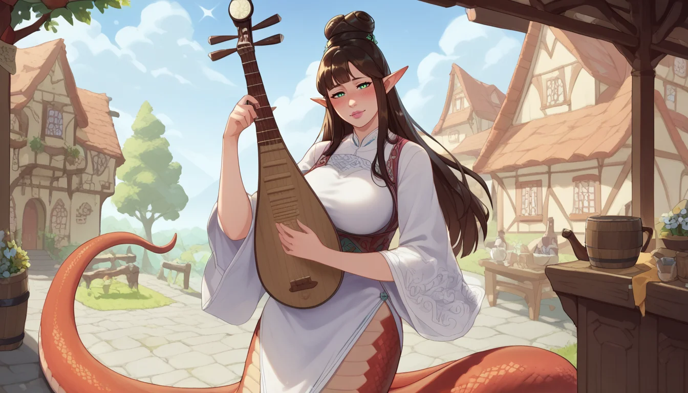 zPDXL,anime artwork score_9,score_8_up,score_7_up,2d,<lora:Huffslove_Style_PonyXL:1>,by huffslove,huffslove,<lora:anime-detailer-xl:1.5>,<lora:Expressive_H-000001:1>,Expressiveh,(source_anime),raytracing,rating_questionable,rating_safe,
solo,1girl,mature female,milf,large breasts,(lamia),red scales,snake tail,
outdoors,garden,town,medieval,fantasy,scenery,tavern building,
white tunic,ornate tunic,intricate tunic,chinese clothes,
absurdres,brown hair,long hair,hime cut,bangs,topknot,hair bun,slit pupils,pink lips,green eyes,pointy ears,
cowboy shot,looking at viewer,cute,attractive,
eye contact,standing,blush,half-closed eyes,drunk,<lora:pipa-pony-000004:0.8>,playing pipa,holding pipa,pipa,bard,
. anime style,vibrant,studio anime,highly detailed,<lora:Xianxia_Clothes-000010:0.8>,