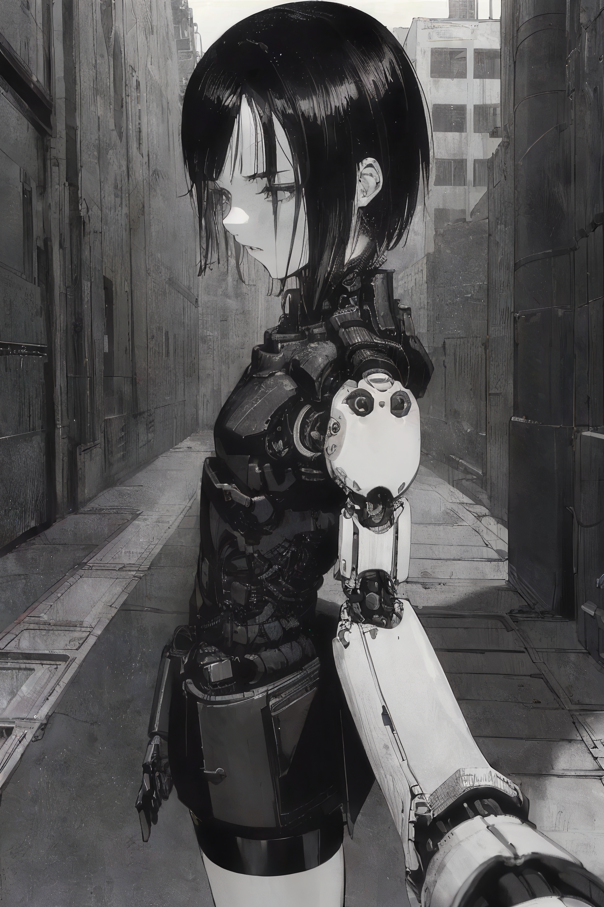 1girl, sanakan (safeguard), safeguard, silicon life, (highly detailed face:1.3), small breasts, short dark hair, thin lips, emotionless, (mechanical parts, cables:1.2), short dark skirt, dark vest, white legs, white hands, white skin, highly detailed, best quality, cinematic lighting, sharp focus, walking, POV, (highly detailed hands:1.2), body bend, head tilt, vast scenery, city ruins, (IncrsHoldingHandsPov:1.2), from side