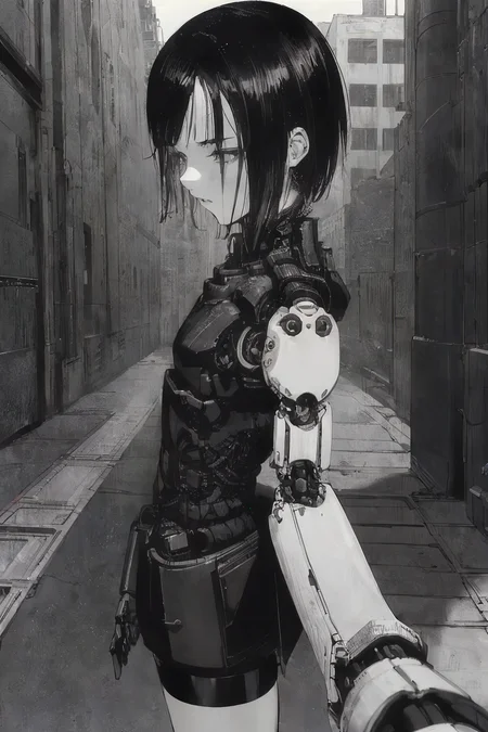 1girl, sanakan (safeguard), safeguard, silicon life, (highly detailed face:1.3), small breasts, short dark hair, thin lips, emotionless, (mechanical parts, cables:1.2), short dark skirt, dark vest, white legs, white hands, white skin, highly detailed, best quality, cinematic lighting, sharp focus, walking, POV, (highly detailed hands:1.2), body bend, head tilt, vast scenery, city ruins, (IncrsHoldingHandsPov:1.2), from side