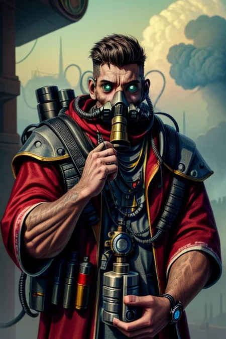 ((masterpiece,best quality)), absurdres, BREAK
mechanical arms, robes, hood, BREAK
((techpriest)), cyborg, mechanical face, mechanical limbs, gas mask, mechanical tentacles, (mechanical backpack), BREAK
1other, solo, holding pistol, firearm, handgun, pistol, gun, BREAK
factory background, smoggy sky, air pollution, smokestacks, BREAK
(1boy, from_side, writing, lofistudy)