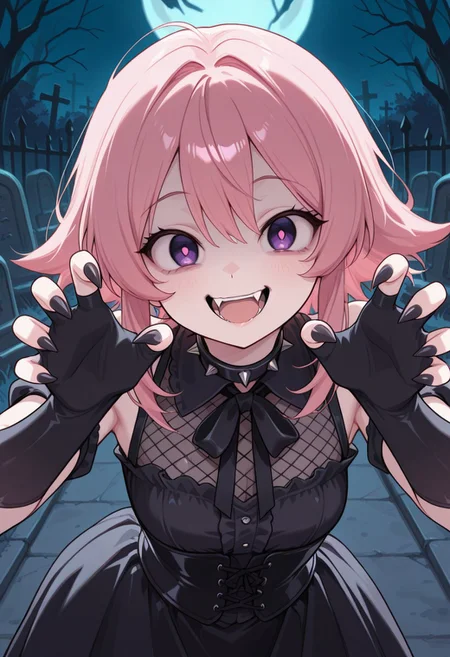 CivChan, purple eyes, pink hair, vampire, fangs, smile, open mouth, looking at viewer, goth clothing, fishnet top, black corset, spiked choker, elbow fingerless gloves, shows her claws, night, outdoors, graveyard background, horror