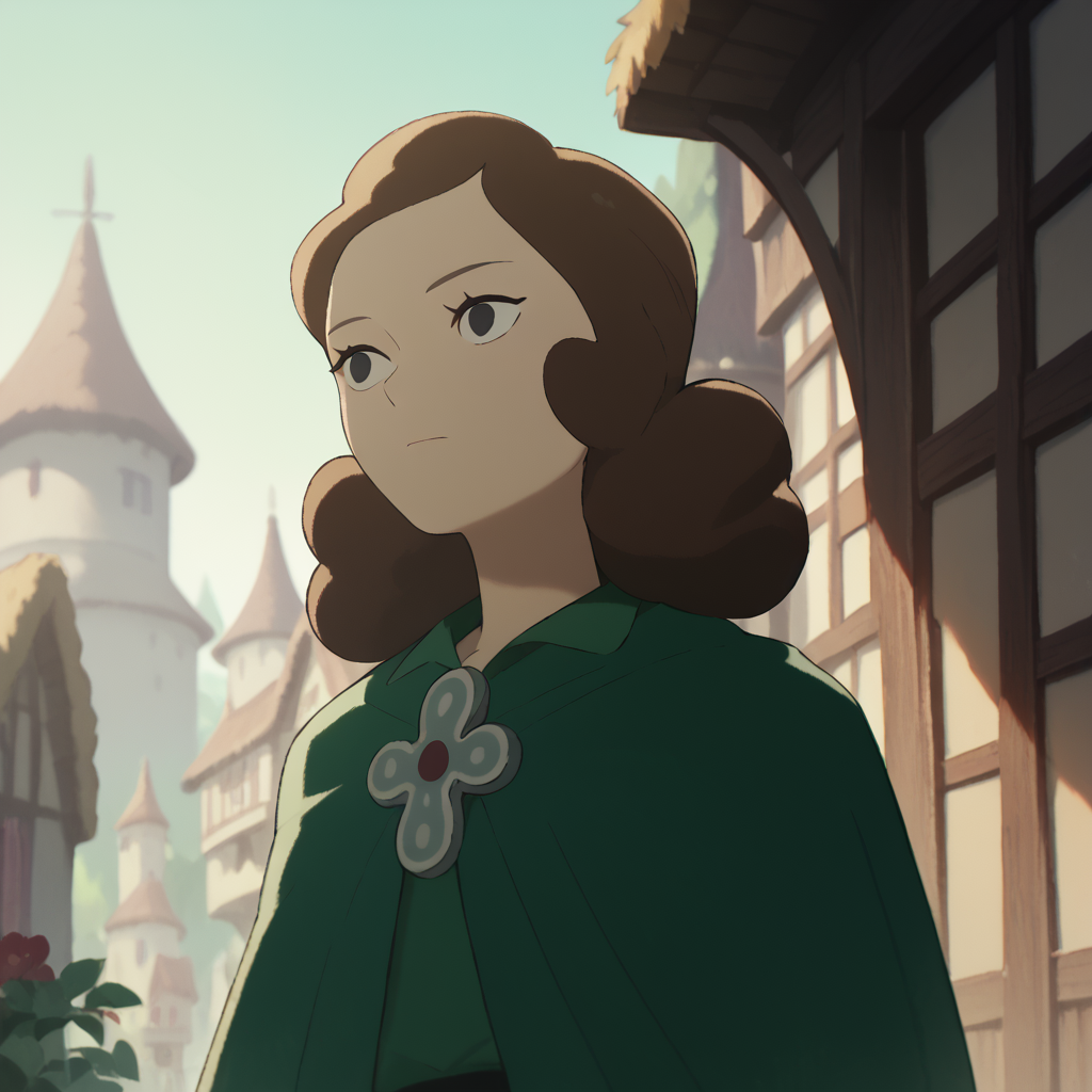 <lora:SlimesMiranjo:1>, score_9, score_8_up, score_7_up, slimes_miranjo, woman, solo, brown hair, black eyes, waist up shot, village background