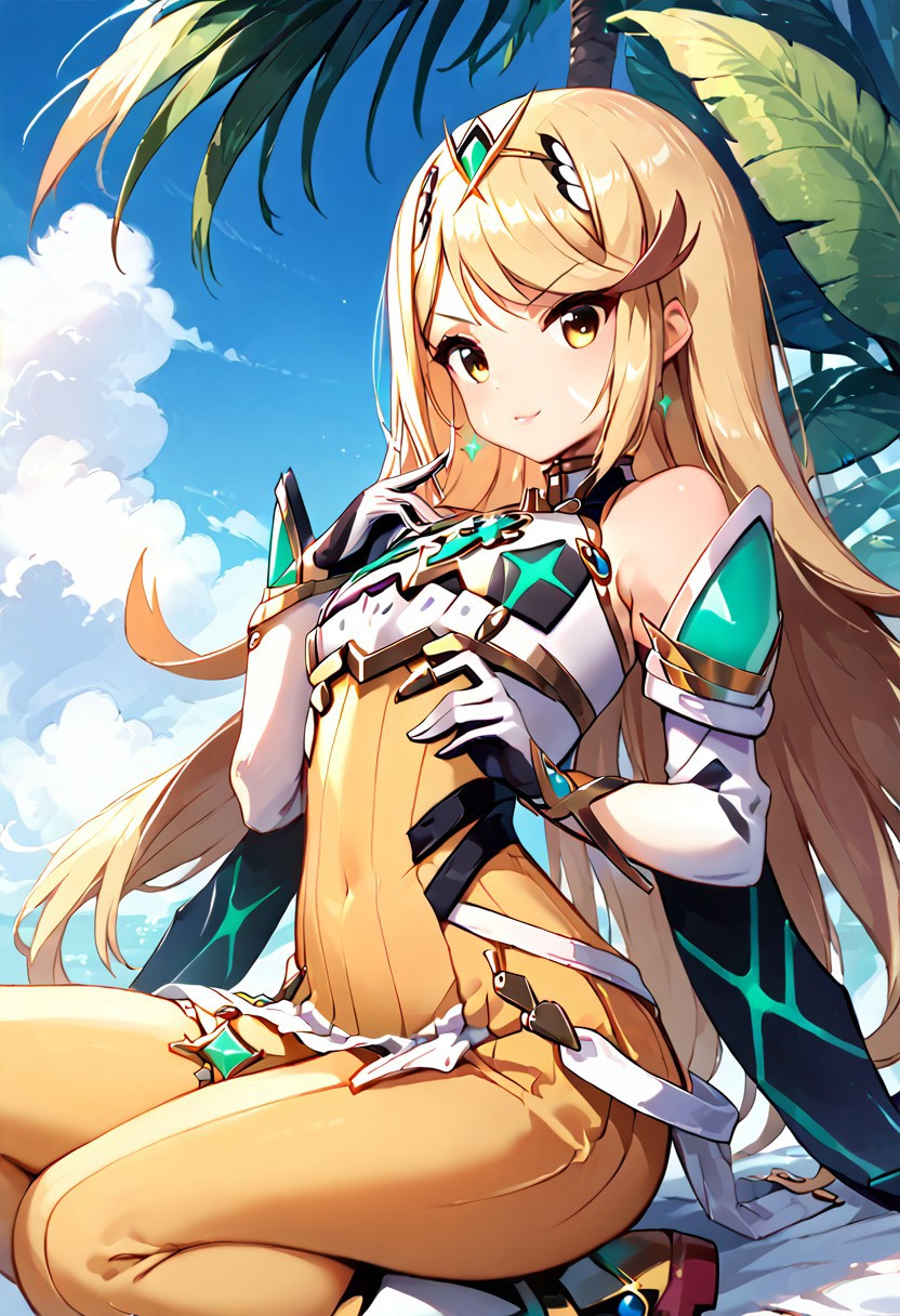score_9, score_8_up, score_8, provocative clothes (score_9, score_8_up, score_7_up, rating_lewd, (cute face), very detailed facial features, full lips, petite, hourglass, score_9, score_8_up, score_8, source_anime, 1girl, verybadimagenegative_v1.3, solo, mythra \(xenoblade\), 1girl, yellow eyes, swept bangs, long hair, very long hair, blonde hair,  facial mark, hair ribbon, yellow bodysuit, long sleeves, belt, white gloves, boots, flat chest,