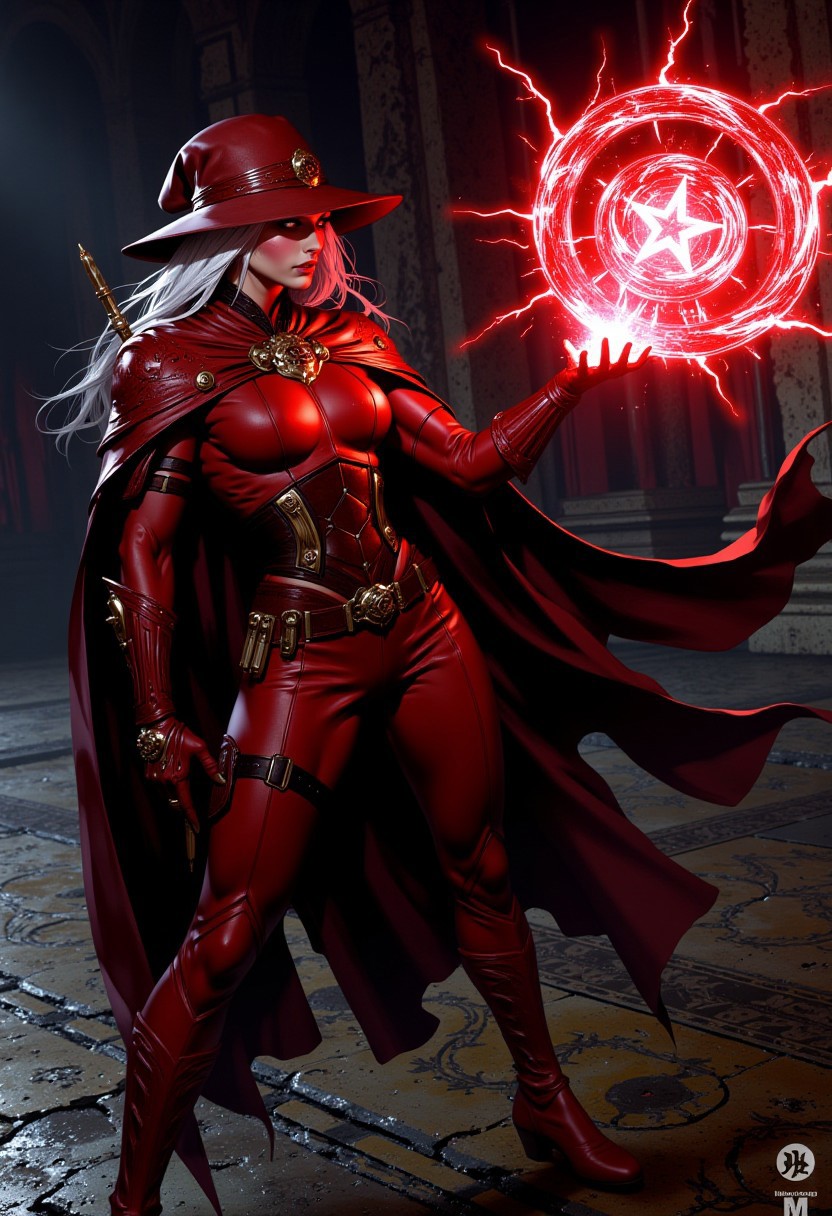 "A strong witch hunter woman, with white long hair, breaks a strong spell, counter it. a red lightining goes agianst her and the spell rupture in the air. She wears red leather suit, pilgrim hat, bullet belts and cape, her eyes focused and determined. The background is an open and dark  with intricate patterns on the floor, complementing the dungerous atmosphere."