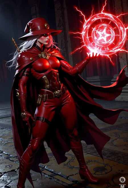 "A strong witch hunter woman, with white long hair, breaks a strong spell, counter it. a red lightining goes agianst her and the spell rupture in the air. She wears red leather suit, pilgrim hat, bullet belts and cape, her eyes focused and determined. The background is an open and dark with intricate patterns on the floor, complementing the dungerous atmosphere."