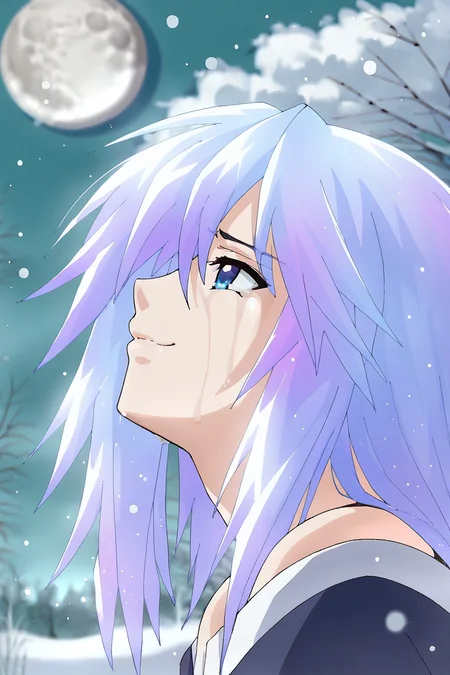 score_9, score_8_up, score_7_up, source_anime,Shirayuki Mizore, <lora:Shirayuki_Mizore_Pony:1>, (ice hair, glowing hair), messy hair, blue eyes, casual clothes, standing, (looking up, looking on night sky),closed mouth, soft smile, tears, tired, face focus, close up, from side, background flower field, at night, soft light, moon in sky, snow, snowfall, snowflake, solo focus, dark light, light on girl, shadows, blurry background, high quality, best quality, high details
