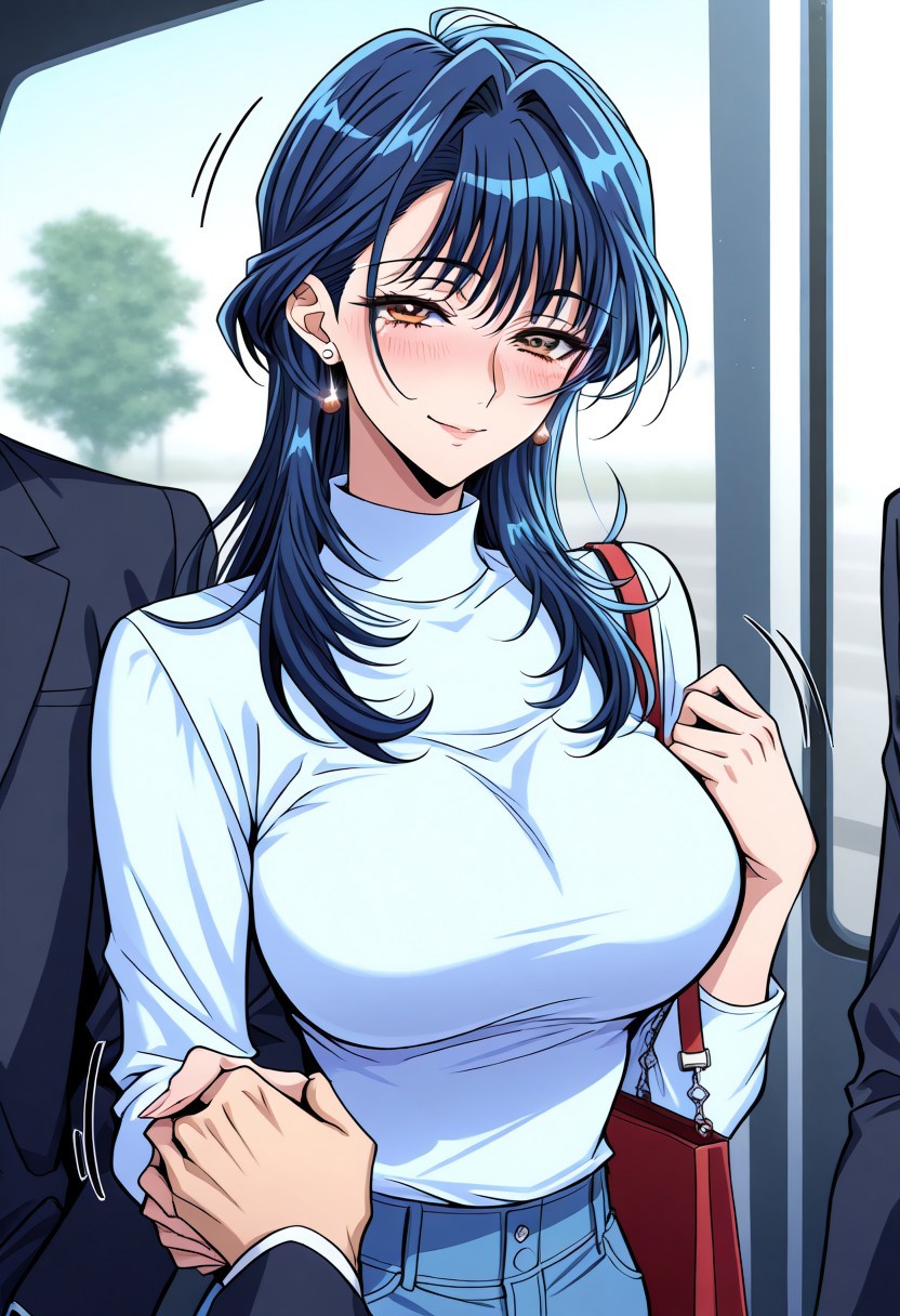 masterpiece, best quality, newest, highres, uncensored, 1girl, yokota mamoru style,1girl, slender face，motion lines,torogao,looking at the viewer,seductive smile,blush
Takeda Yukie,Blue Hair,Long Hair,Big Breasts,Amber Eyes,Slim,Slender Face,
1boy, long hair, 1girl, smile, earrings, bag, 1 jewelry,  solo focus, holding hands, ground vehicle, brown eyes,