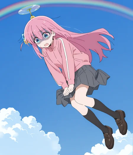 masterpiece,best quality,absurdres,highres,very aesthetic,high quality,perfect anatomy,
1girl,solo,
anime coloring,
<lora:takecopter_ILv10_v1:1>,takecopter,blue sky,cloud,rainbow,flying,
<lora:Bocchi:1>,Bocchi,cube hair ornament,hair ornament,pink jacket,pink hair,long hair,track jacket,jacket,blue eyes,one side up,hair between eyes,bangs,long sleeves,grey skirt,pleated skirt,bare legs,black socks,kneehighs,loafers,
looking down,scared,open mouth,sweating,shaded face,skirt tug,
full body,