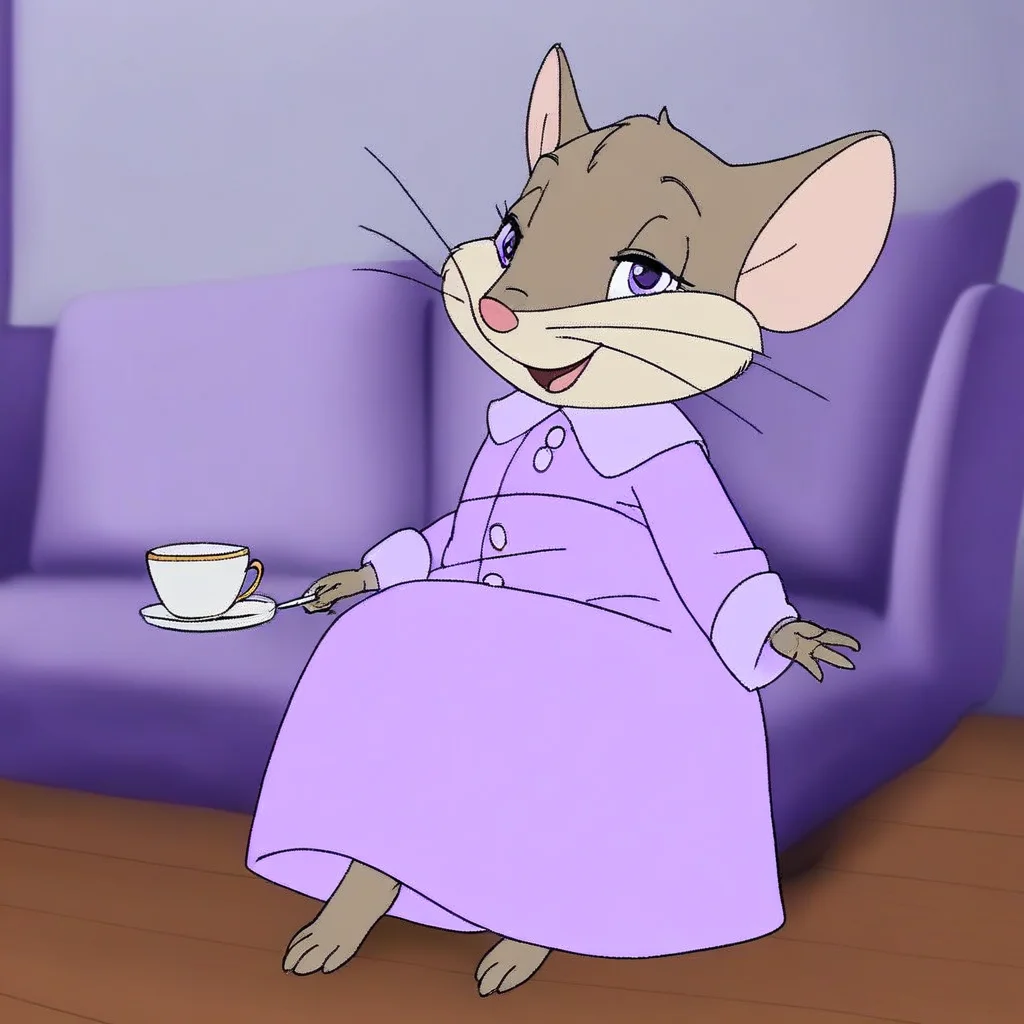 source_cartoon, 1girl, solo, mavisfielding, mouse, semi-anthro, grey fur, light purple eyes, light purple pajamas dress, barefoot, looking at viewer, smile, opened mouth, sitting on wooden chair, holding a teacup, half-closed eyes, indoors