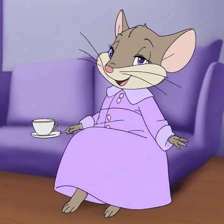 source_cartoon, 1girl, solo, mavisfielding, mouse, semi-anthro, grey fur, light purple eyes, light purple pajamas dress, barefoot, looking at viewer, smile, opened mouth, sitting on wooden chair, holding a teacup, half-closed eyes, indoors
