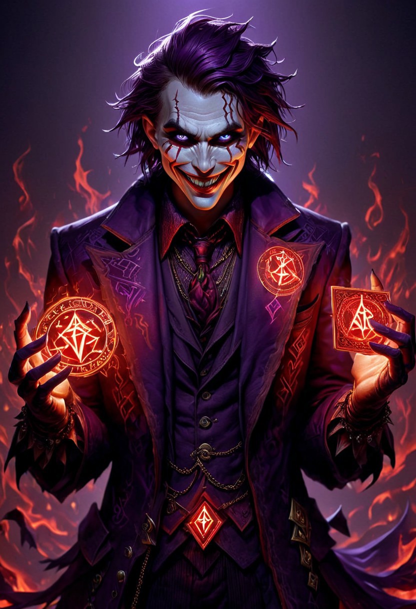 PEJoker, high quality, HD, full body, dramatic lighting, cinematic composition, detailed, glowing rune costume, dark violet glowing runes, intense eyes, wide smile, concept art, trending on ArtStation, (dark, evening, (vignette))), holding a red glowing rune card